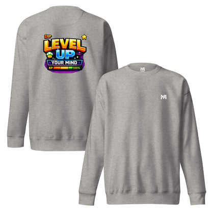 Sweat LEVEL UP YOUR MIND gris chiné logo blanc face et visuel coloré dos Mindset Ambition