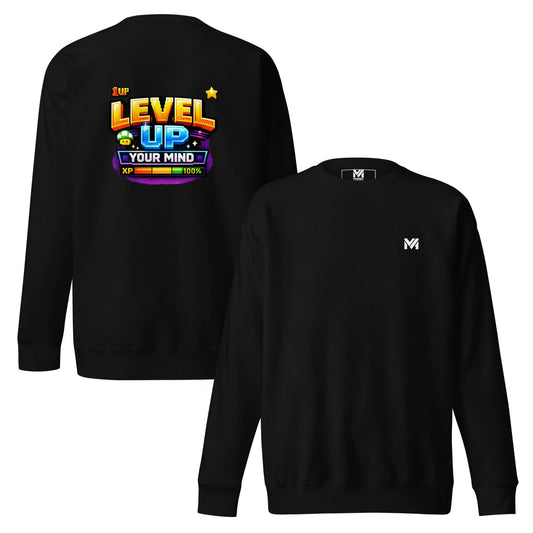 Sweat LEVEL UP YOUR MIND noir logo blanc face et visuel coloré dos Mindset Ambition