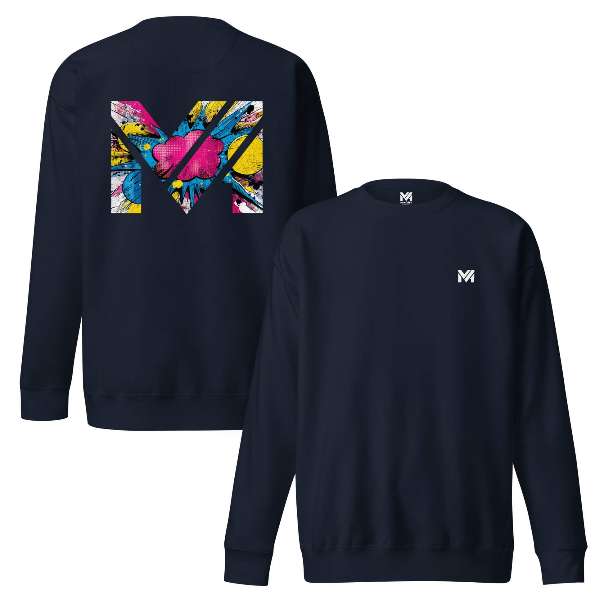 Sweat MAKE SOME NOISE bleu marine logo blanc face et visuel coloré dos Mindset Ambition