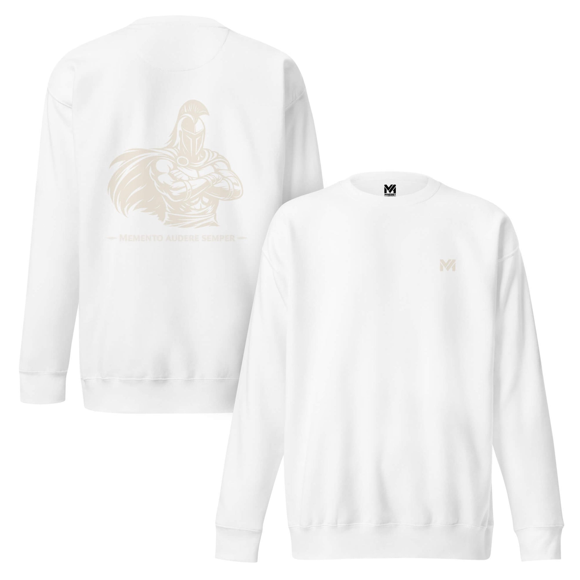 Sweat Memento Audere Semper blanc logo doré face et visuel doré dos Mindset Ambition