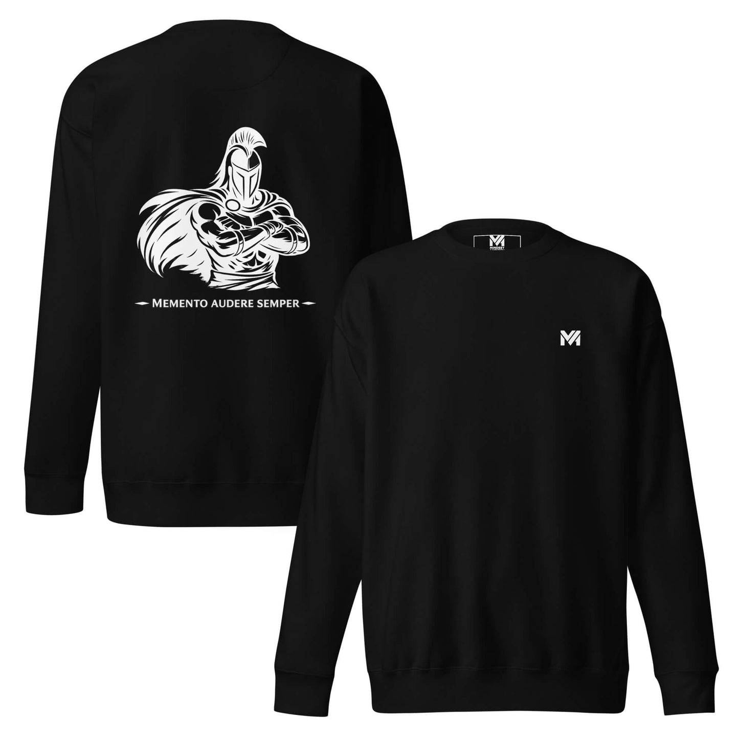 Sweat Memento Audere Semper noir logo blanc face et visuel blanc dos Mindset Ambition