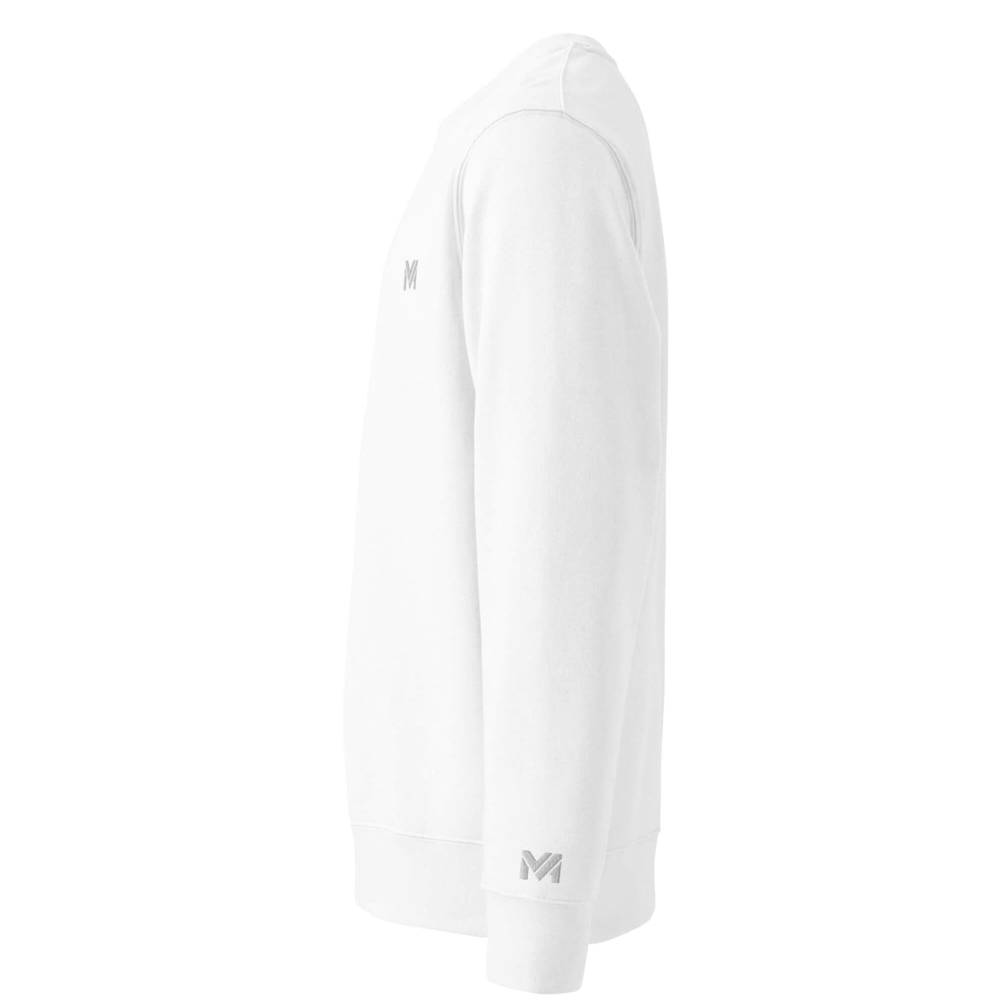 Sweat blanc Mindset Ambition vu de profil avec logo brodé blanc sur le poignet et la poitrine gauche.