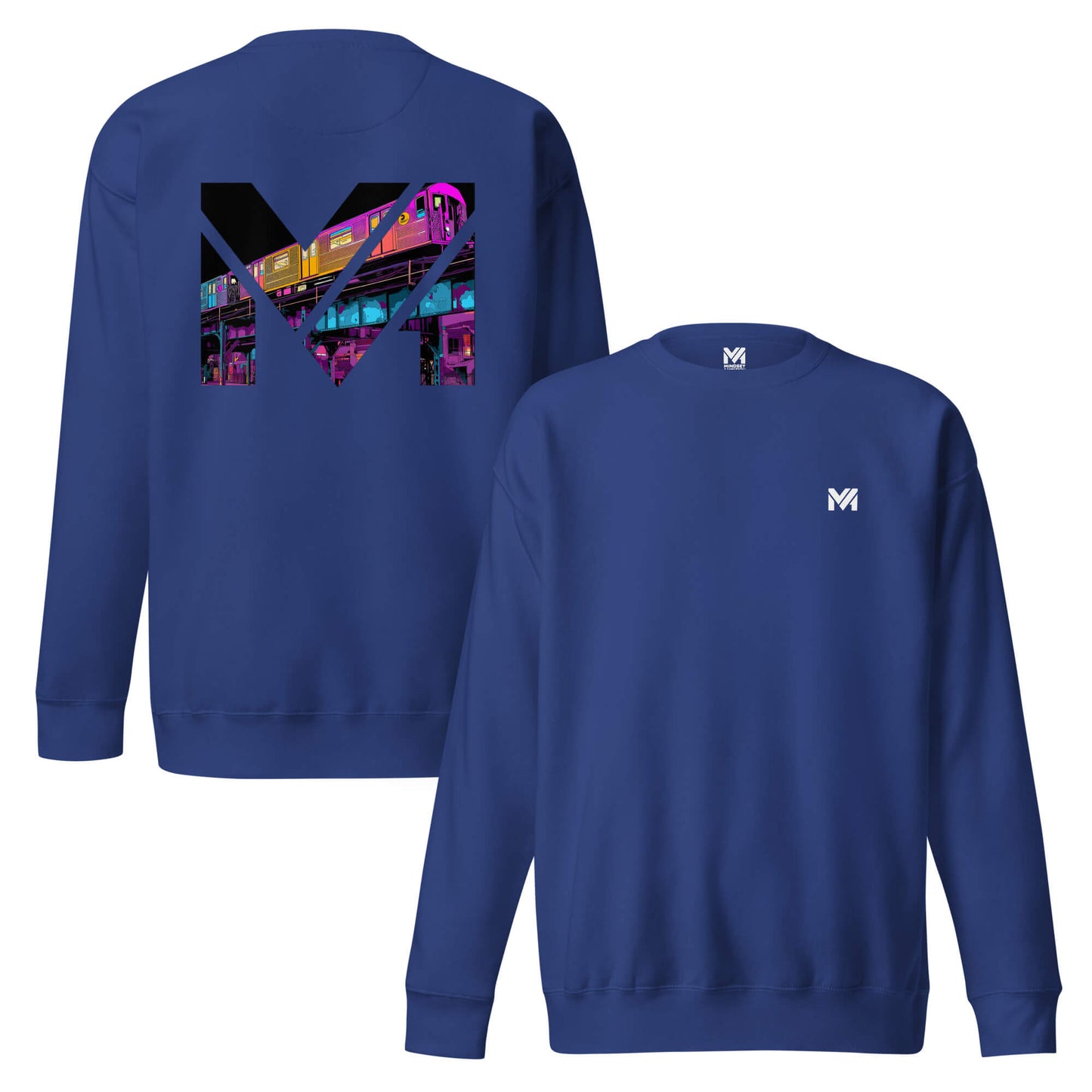 Sweat NO DETOURS bleu roi logo blanc face et visuel coloré dos Mindset Ambition