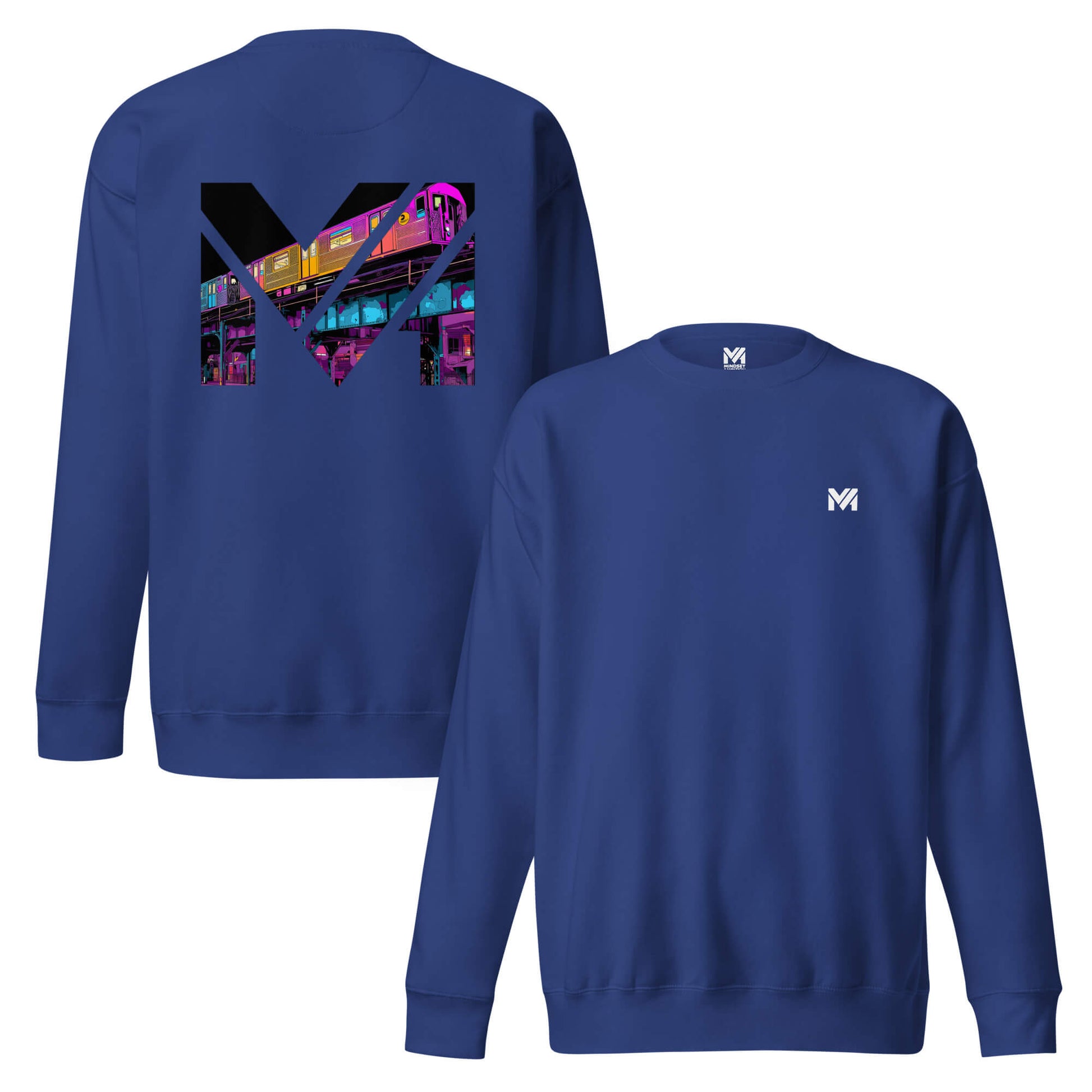 Sweat NO DETOURS bleu roi logo blanc face et visuel coloré dos Mindset Ambition