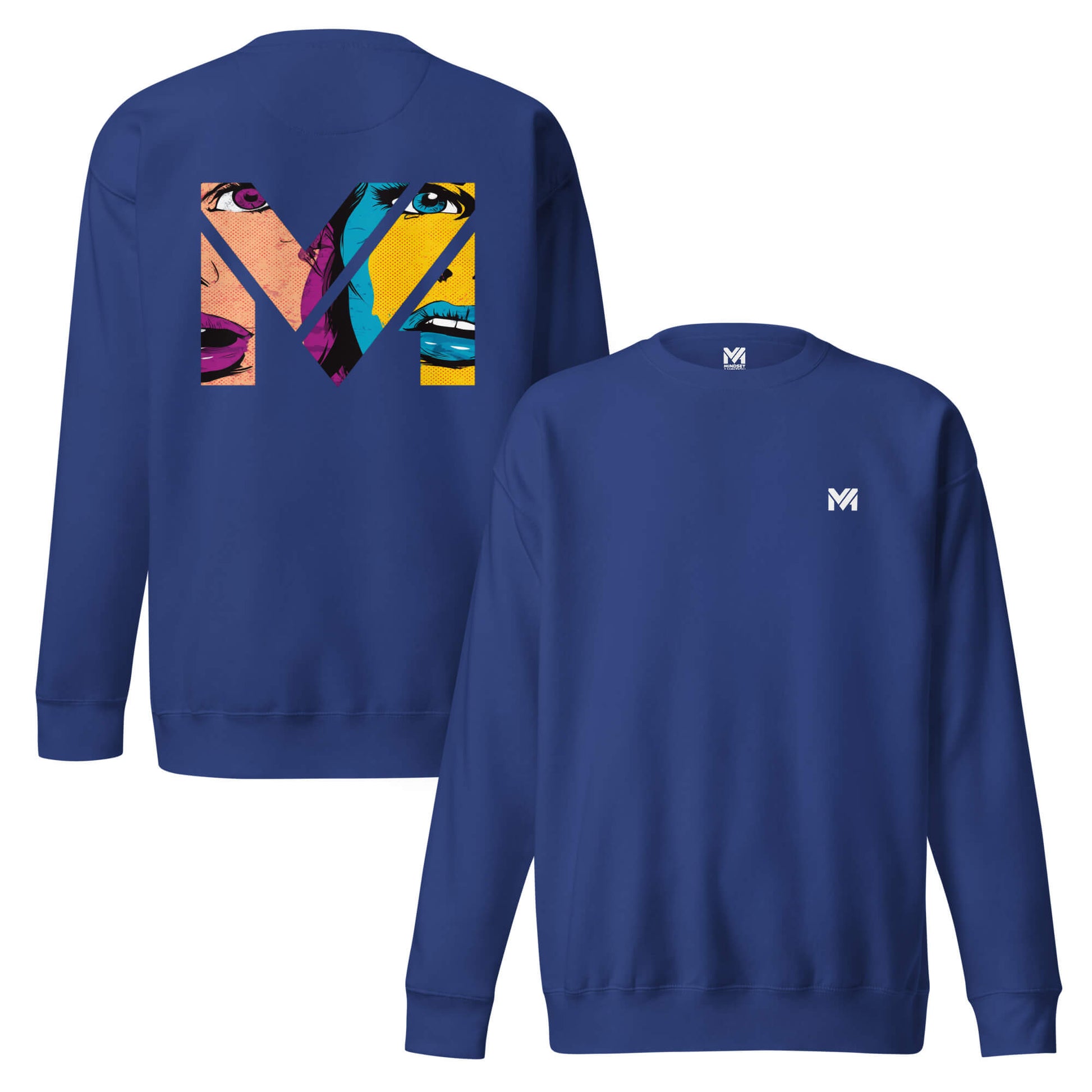 Sweat NO FILTER bleu roi logo blanc face et visuel coloré dos Mindset Ambition