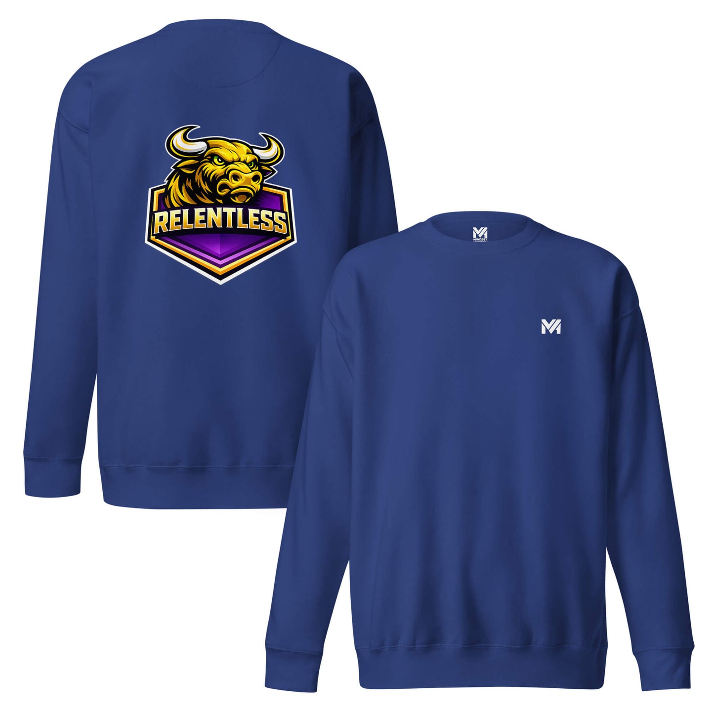 Sweat RELENTLESS bleu roi logo blanc face et visuel coloré dos Mindset Ambition