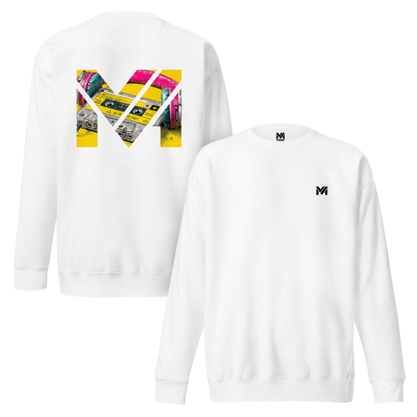 Sweat REWIND. RESET. RISE. blanc logo noir face et visuel coloré dos Mindset Ambition