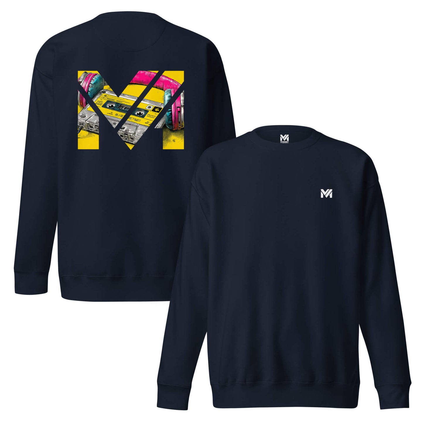Sweat REWIND. RESET. RISE. bleu marine logo blanc face et visuel coloré dos Mindset Ambition