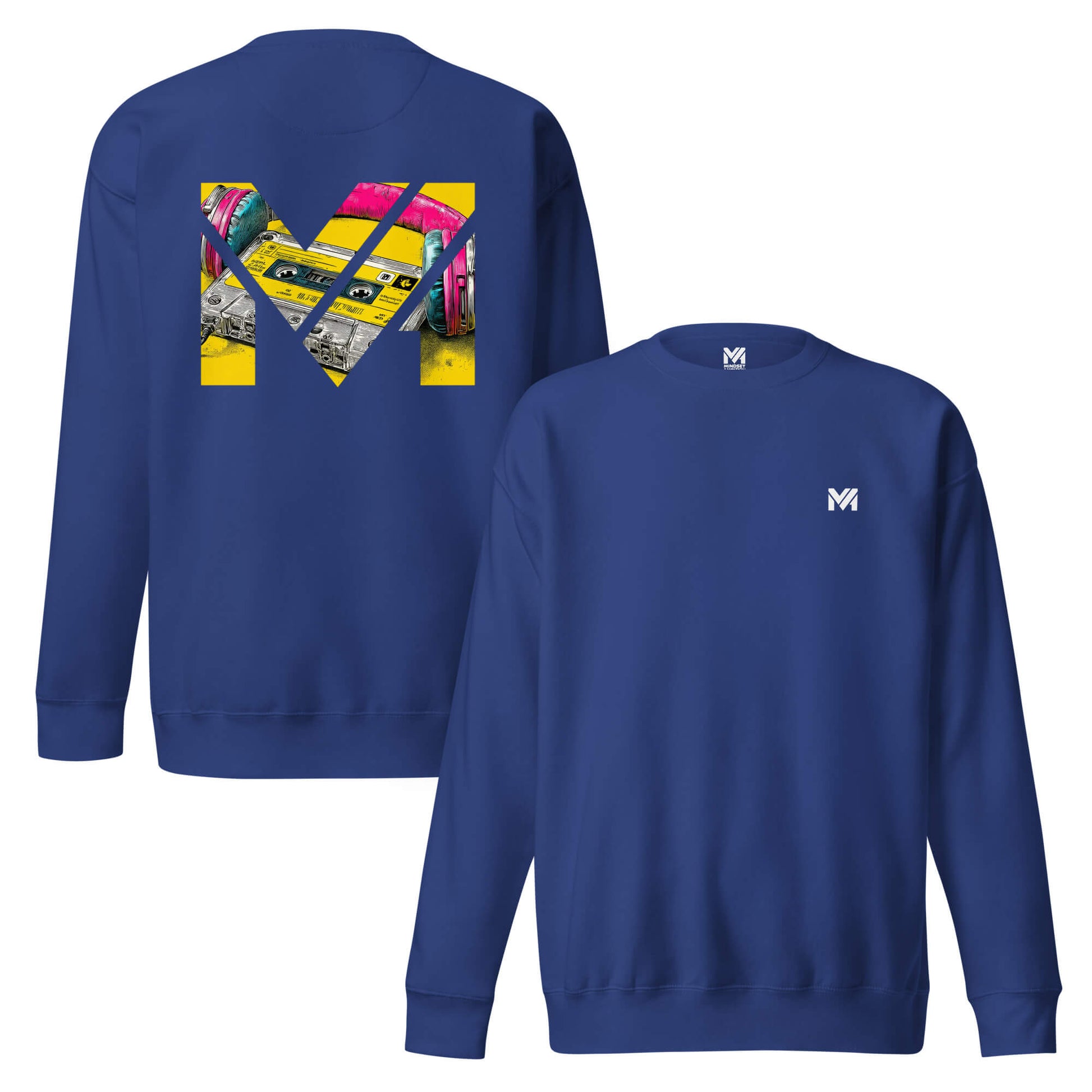Sweat REWIND. RESET. RISE. bleu roi logo blanc face et visuel coloré dos Mindset Ambition
