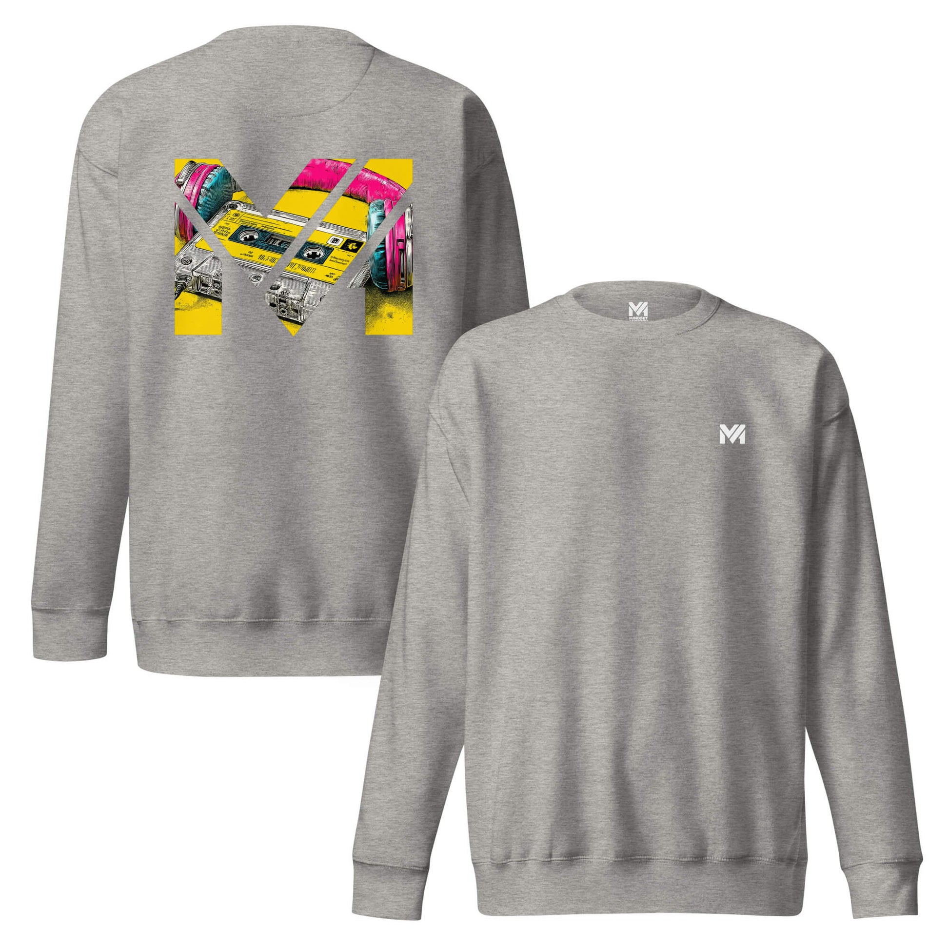 Sweat REWIND. RESET. RISE. gris chiné logo blanc face et visuel coloré dos Mindset Ambition