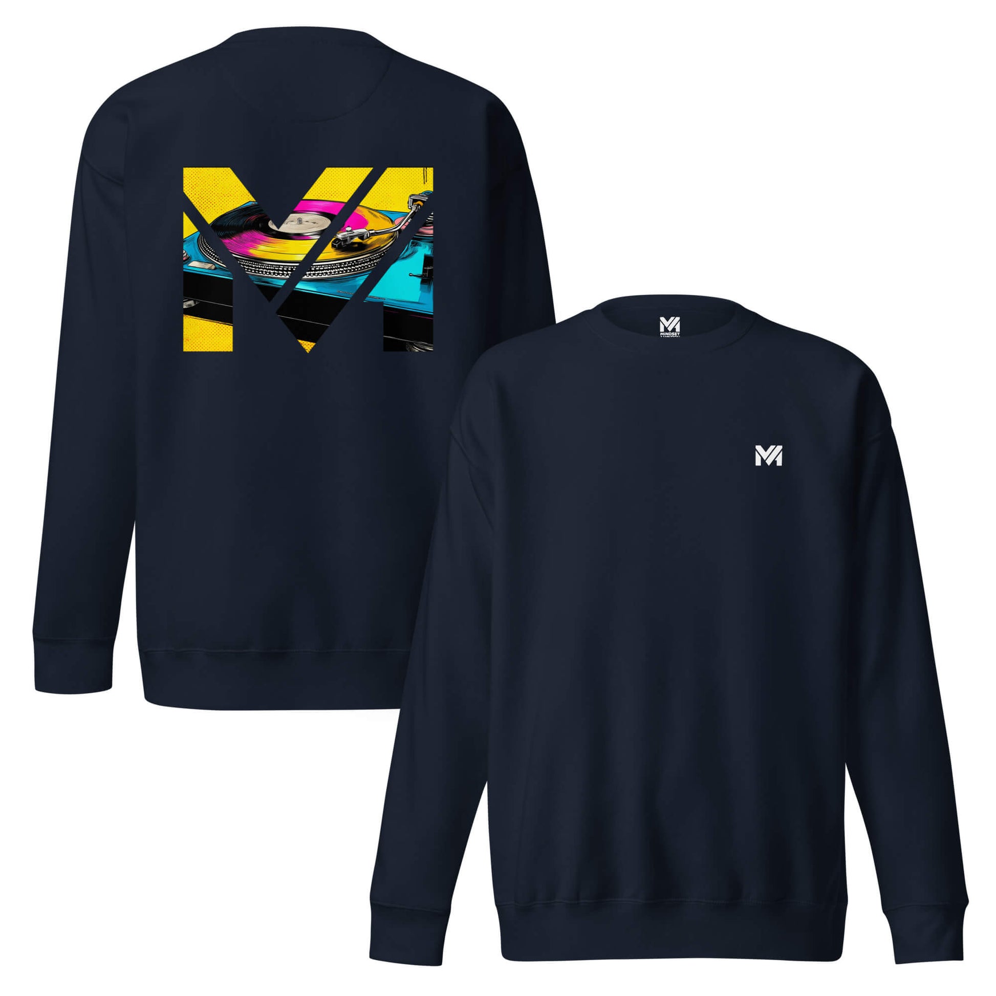 Sweat SPIN THE GRIND bleu marine logo blanc face et visuel coloré dos Mindset Ambition