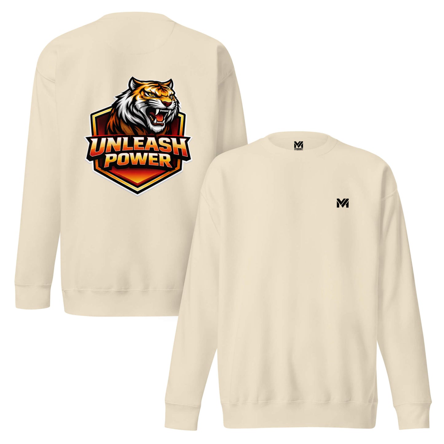 Sweat UNLEASH POWER beige logo noir face et visuel coloré dos Mindset Ambition