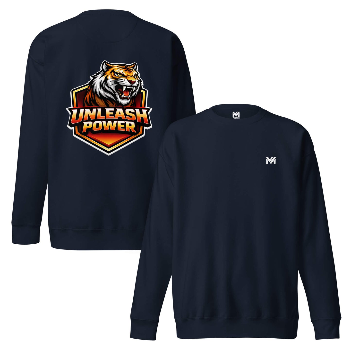 Sweat UNLEASH POWER bleu marine logo blanc face et visuel coloré dos Mindset Ambition