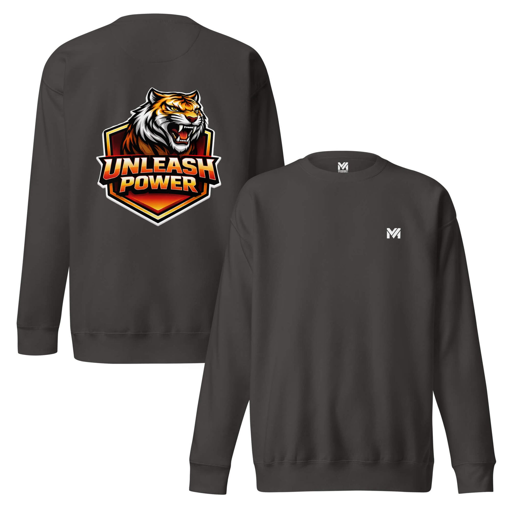 Sweat UNLEASH POWER gris anthracite logo blanc face et visuel coloré dos Mindset Ambition