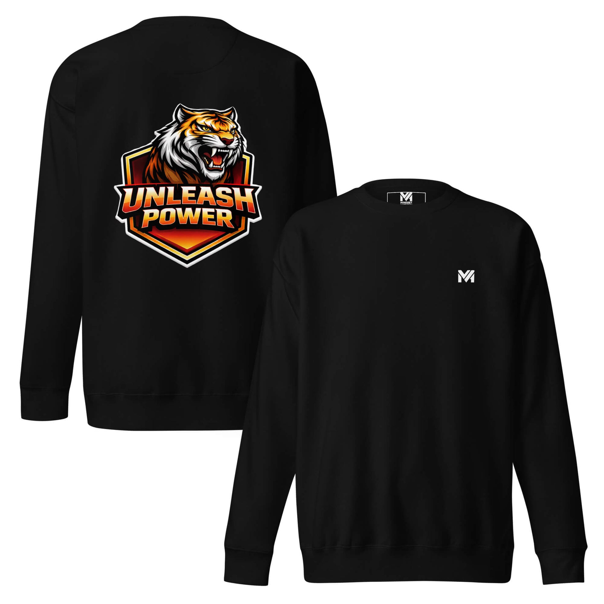 Sweat UNLEASH POWER noir logo blanc face et visuel coloré dos Mindset Ambition