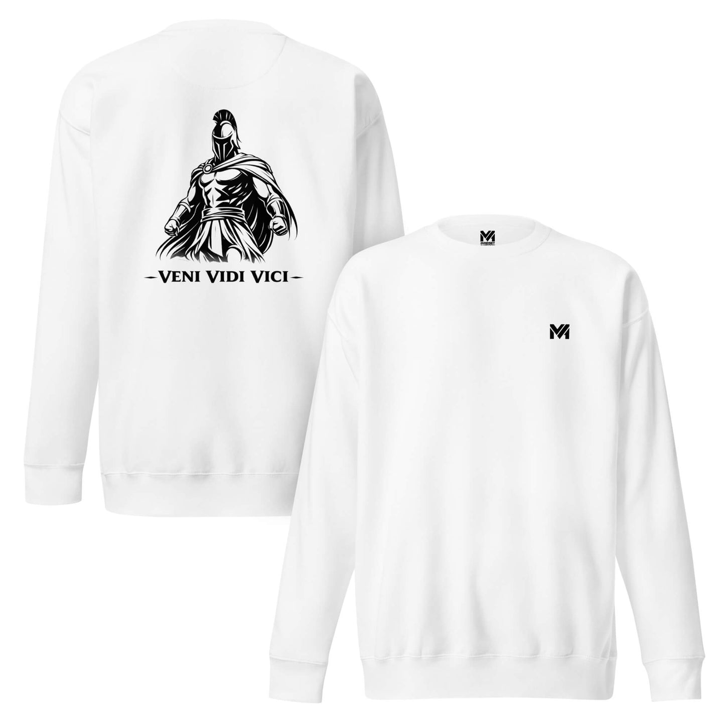Sweat Veni Vidi Vici blanc logo noir face et visuel noir dos Mindset Ambition