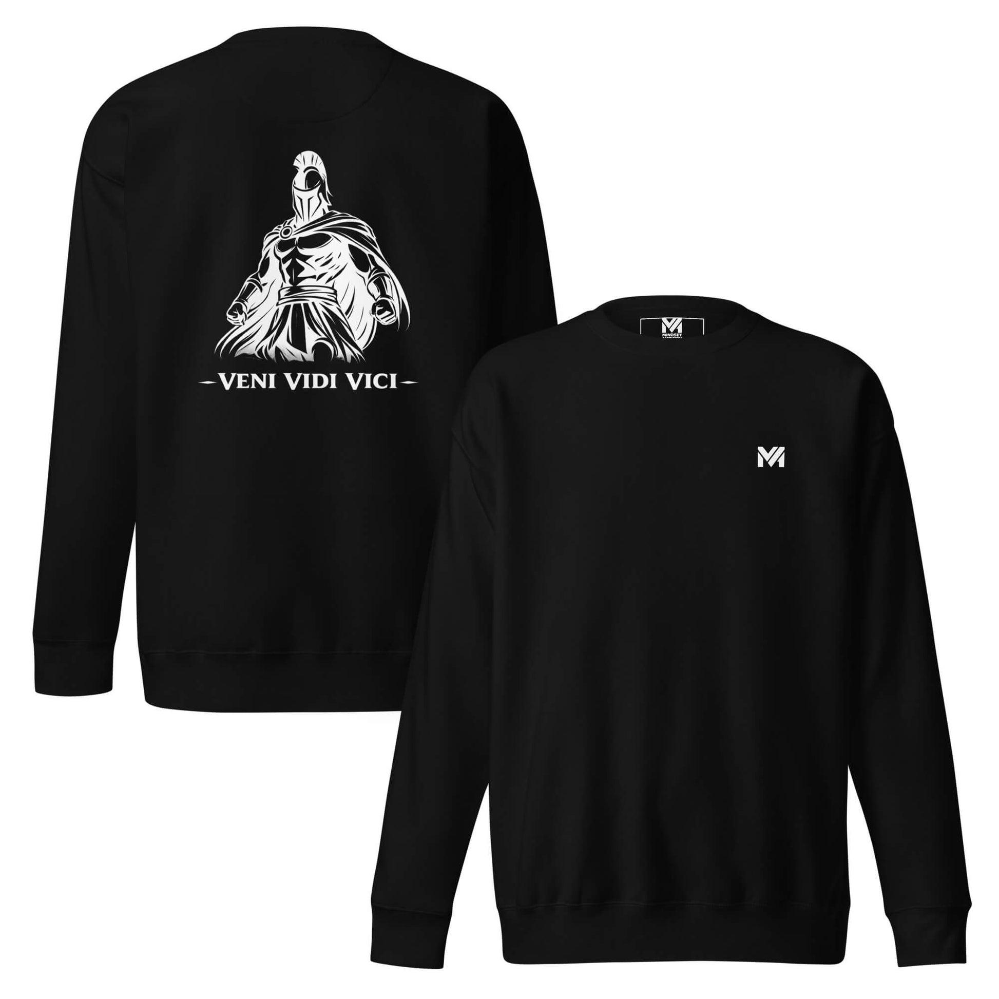 Sweat Veni Vidi Vici noir logo blanc face et visuel blanc dos Mindset Ambition