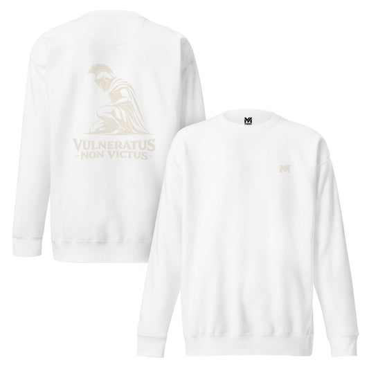 Sweat Vulneratus Non Victus blanc logo doré face et visuel doré dos Mindset Ambition
