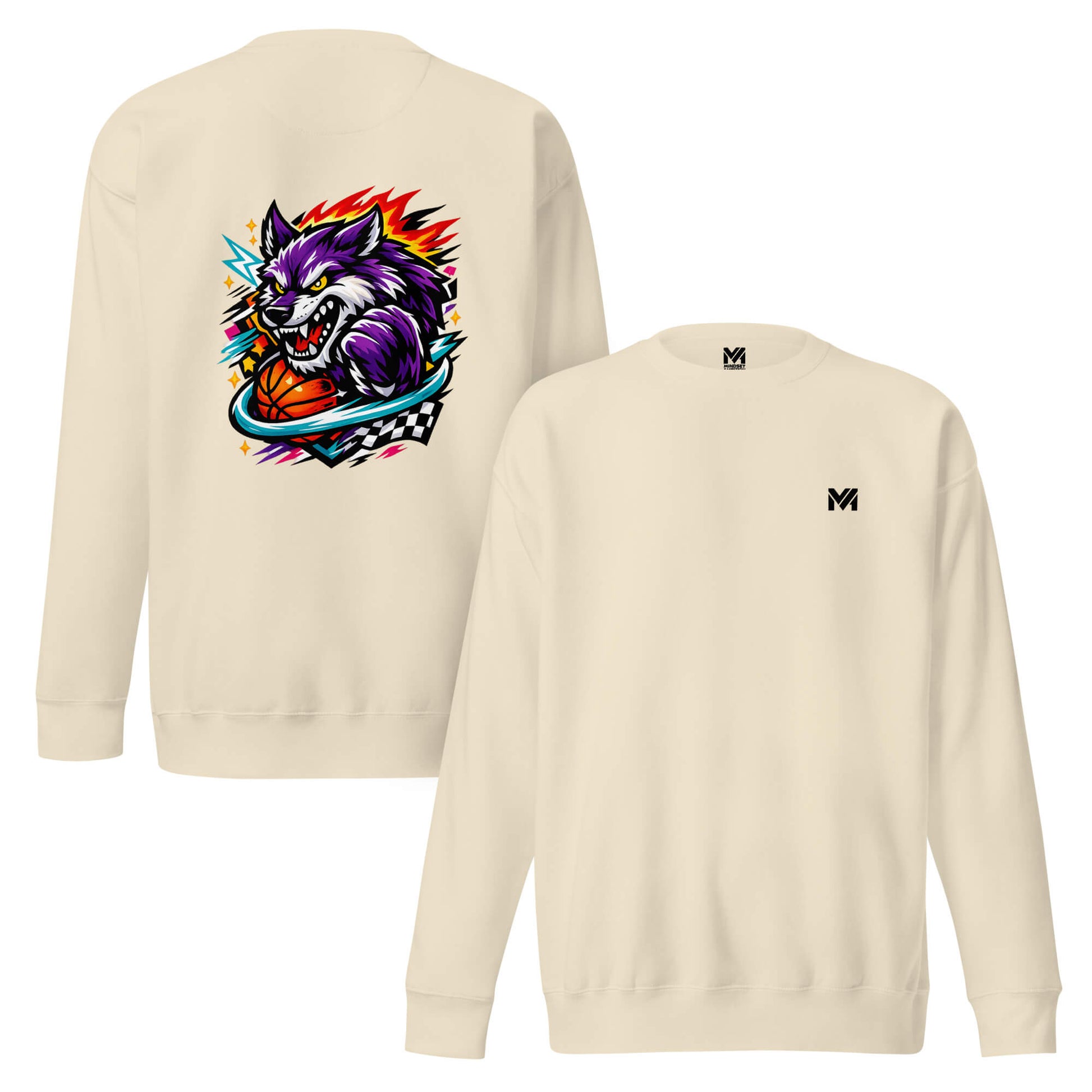 Sweat WILD WOLF beige logo noir face et visuel coloré dos Mindset Ambition