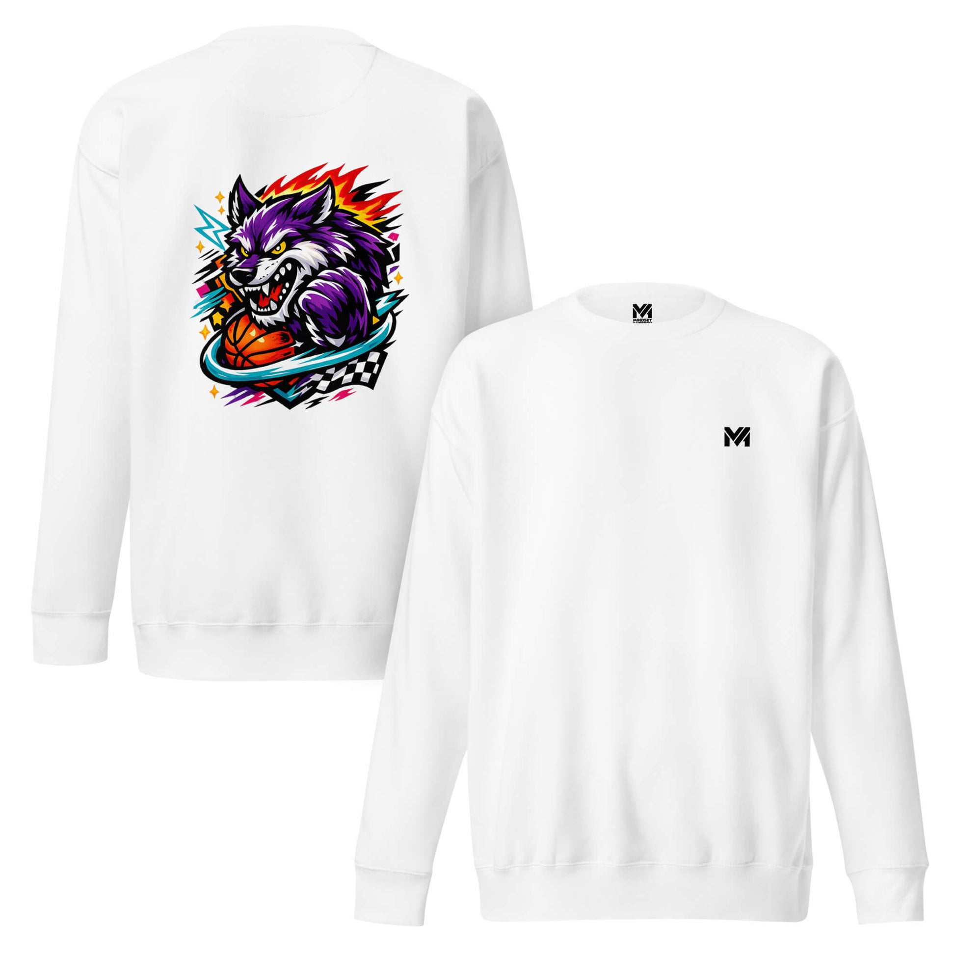 Sweat WILD WOLF blanc logo noir face et visuel coloré dos Mindset Ambition