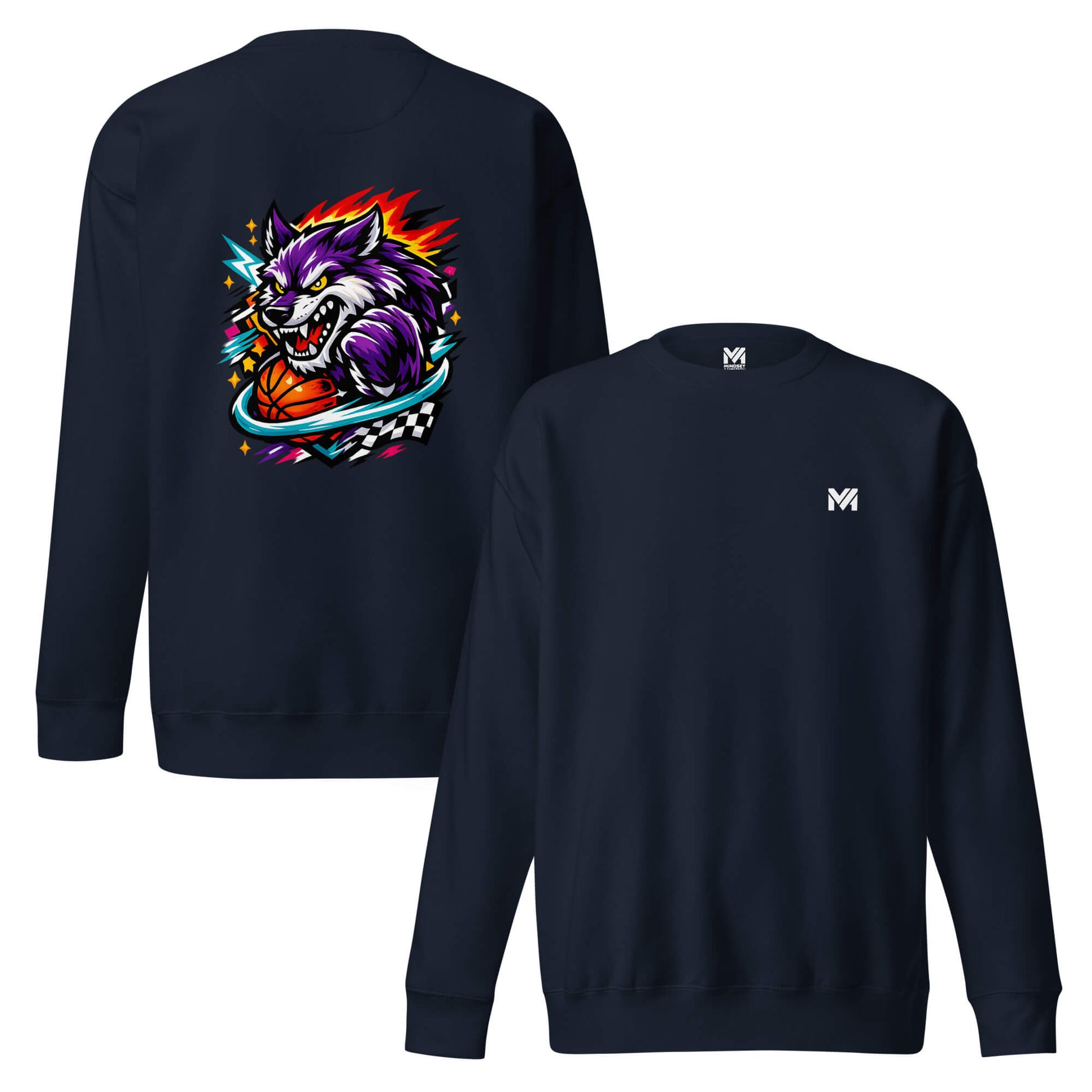Sweat WILD WOLF bleu marine logo blanc face et visuel coloré dos Mindset Ambition