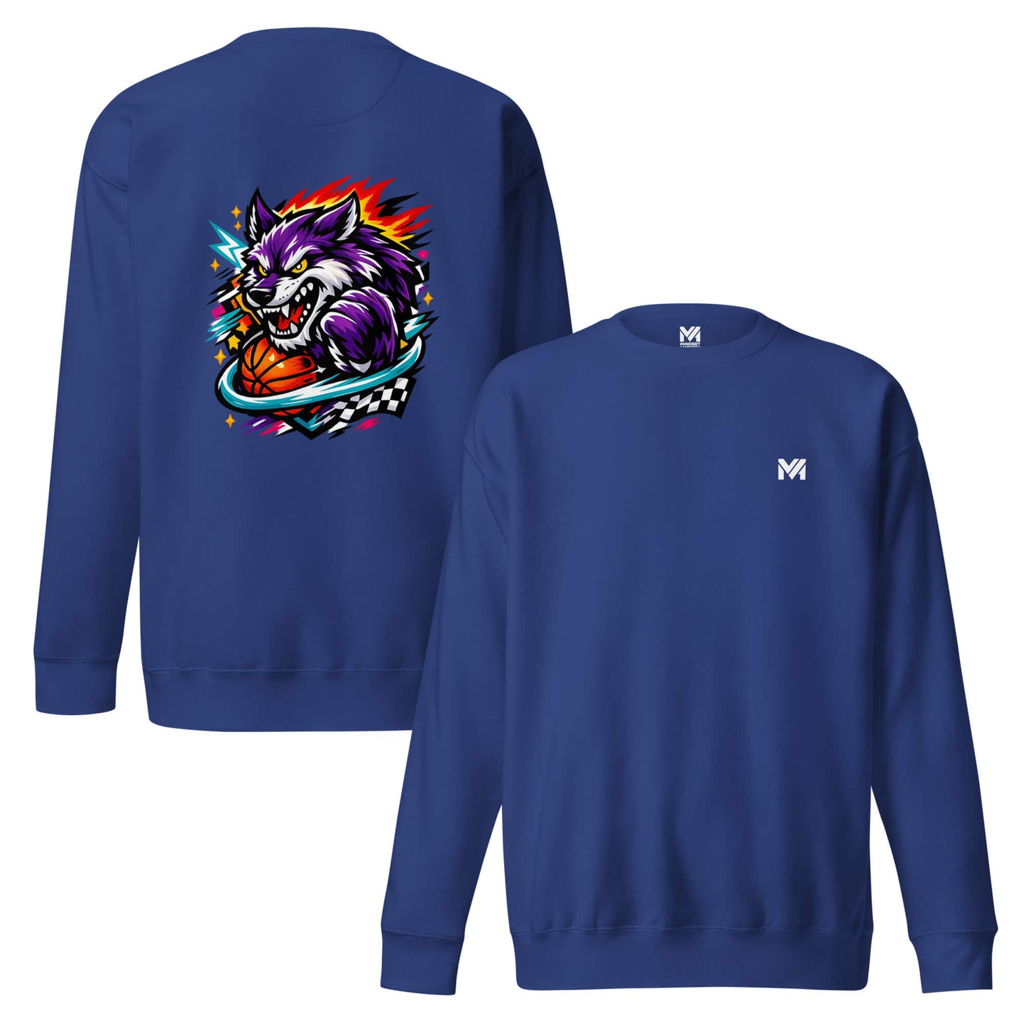 Sweat WILD WOLF bleu roi logo blanc face et visuel coloré dos Mindset Ambition
