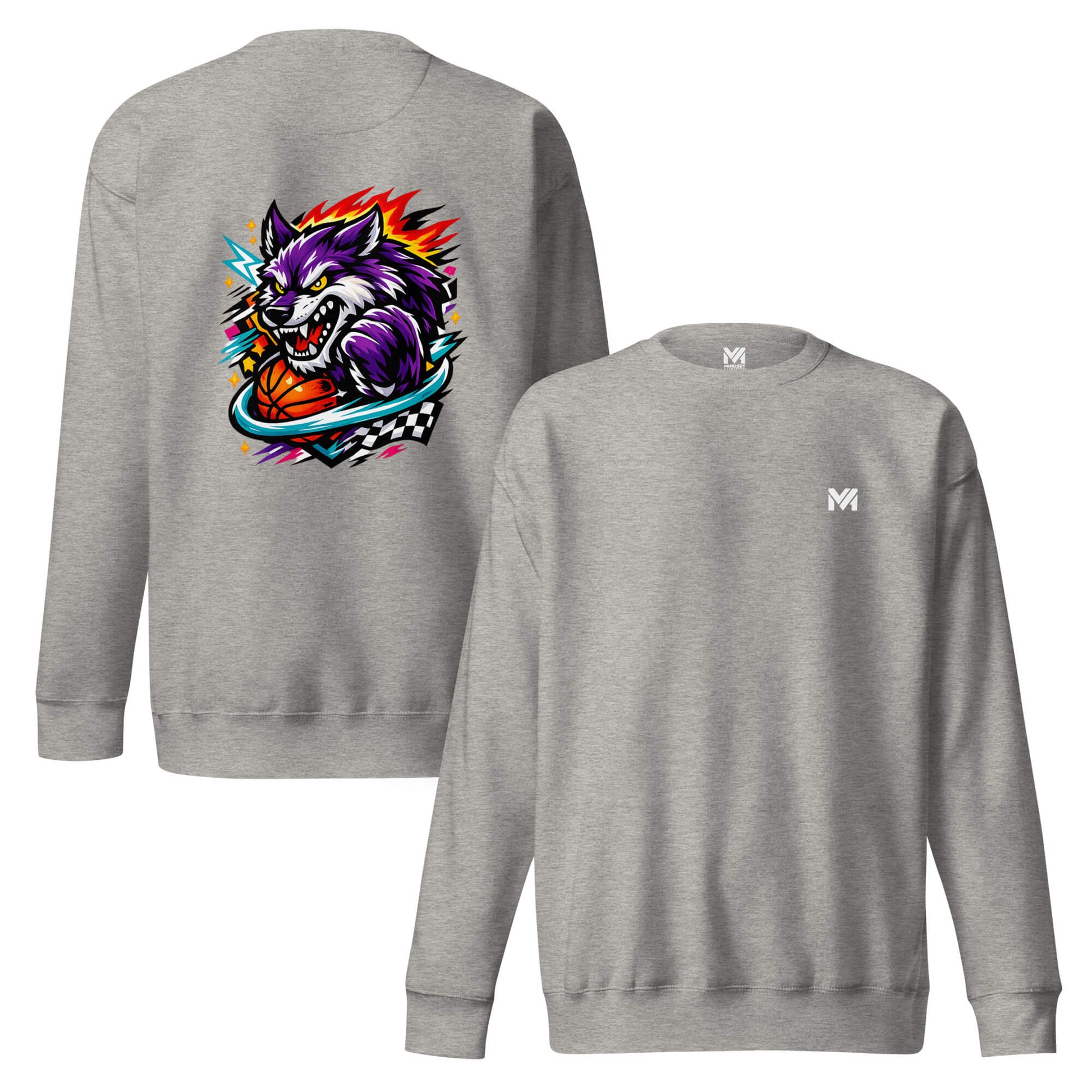 Sweat WILD WOLF gris chiné logo blanc face et visuel coloré dos Mindset Ambition