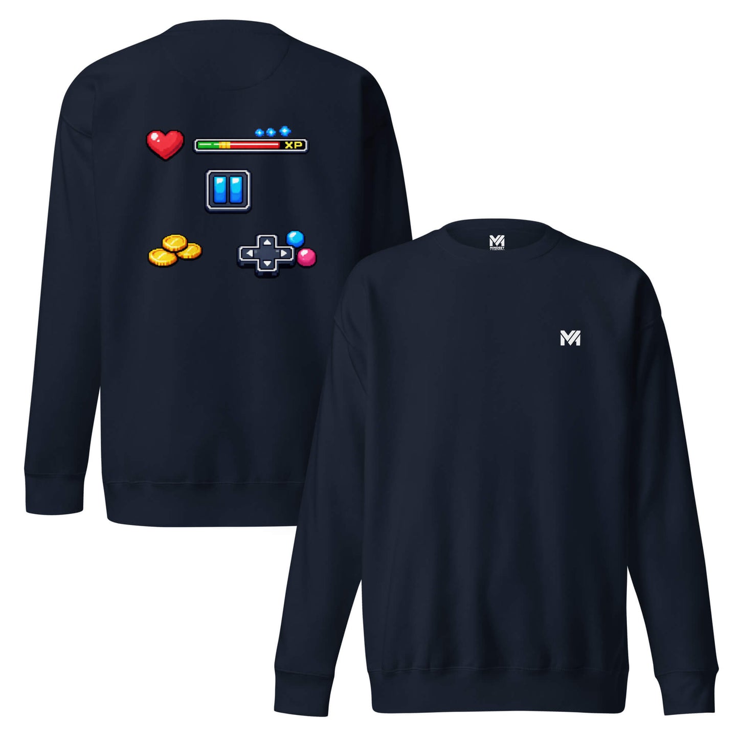 Sweat XP MODE bleu marine logo blanc face et visuel coloré dos Mindset Ambition