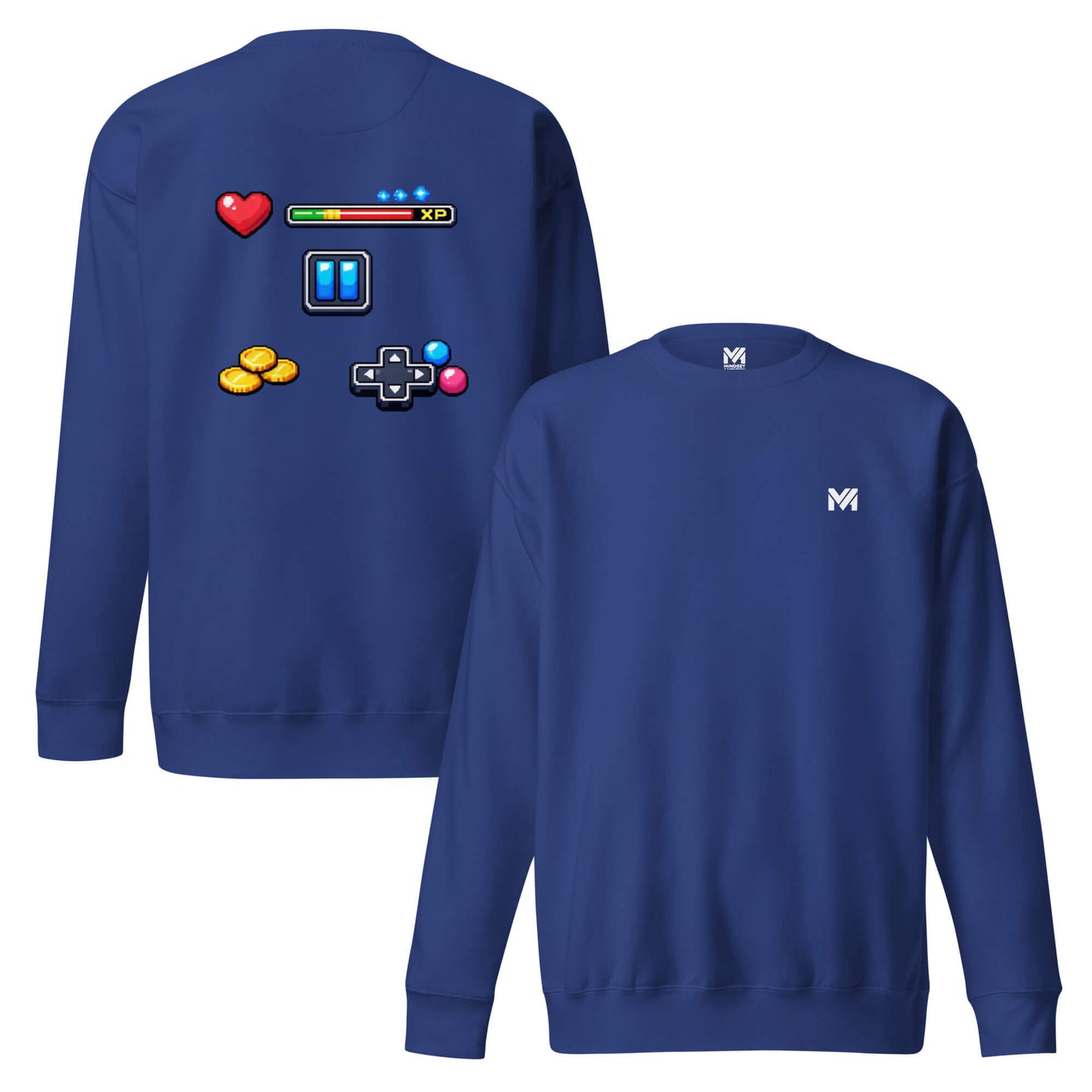 Sweat XP MODE bleu roi logo blanc face et visuel coloré dos Mindset Ambition