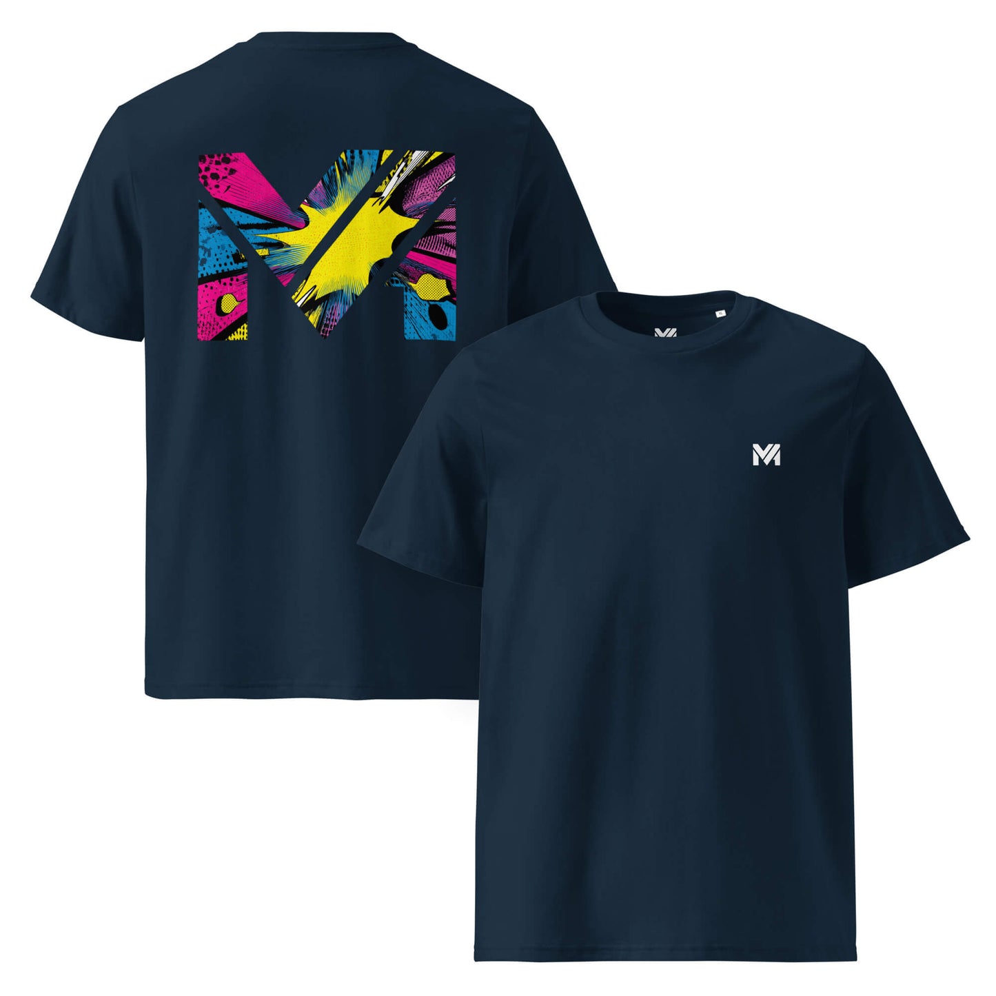T-shirt Bio ANALOG MIND bleu marine logo blanc face et visuel coloré dos Mindset Ambition