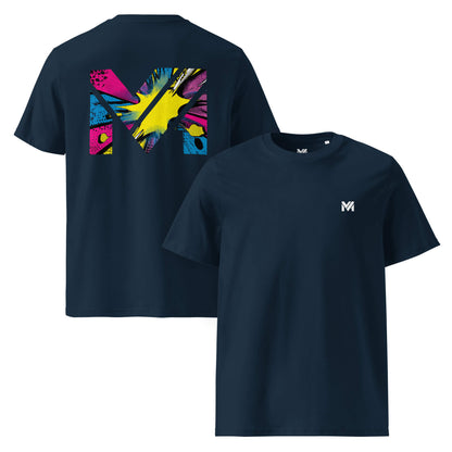 T-shirt Bio ANALOG MIND bleu marine logo blanc face et visuel coloré dos Mindset Ambition