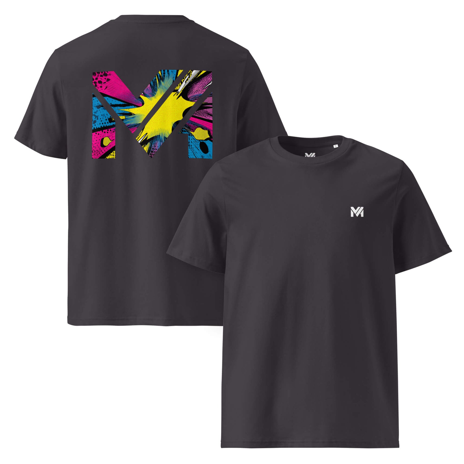 T-shirt Bio ANALOG MIND gris anthracite logo blanc face et visuel coloré dos Mindset Ambition