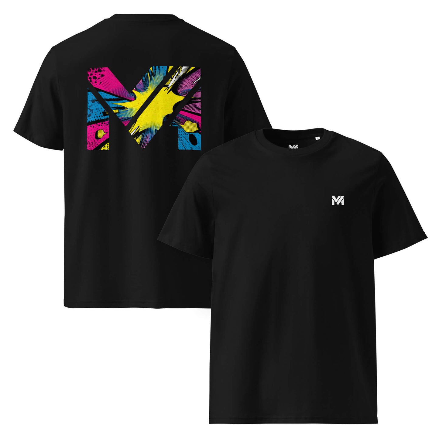 T-shirt Bio ANALOG MIND noir logo blanc face et visuel coloré dos Mindset Ambition