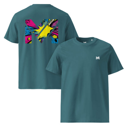T-shirt Bio ANALOG MIND vert logo blanc face et visuel coloré dos Mindset Ambition