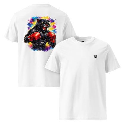 T-shirt Bio BLACK PANTHER blanc logo noir face et visuel coloré dos Mindset Ambition