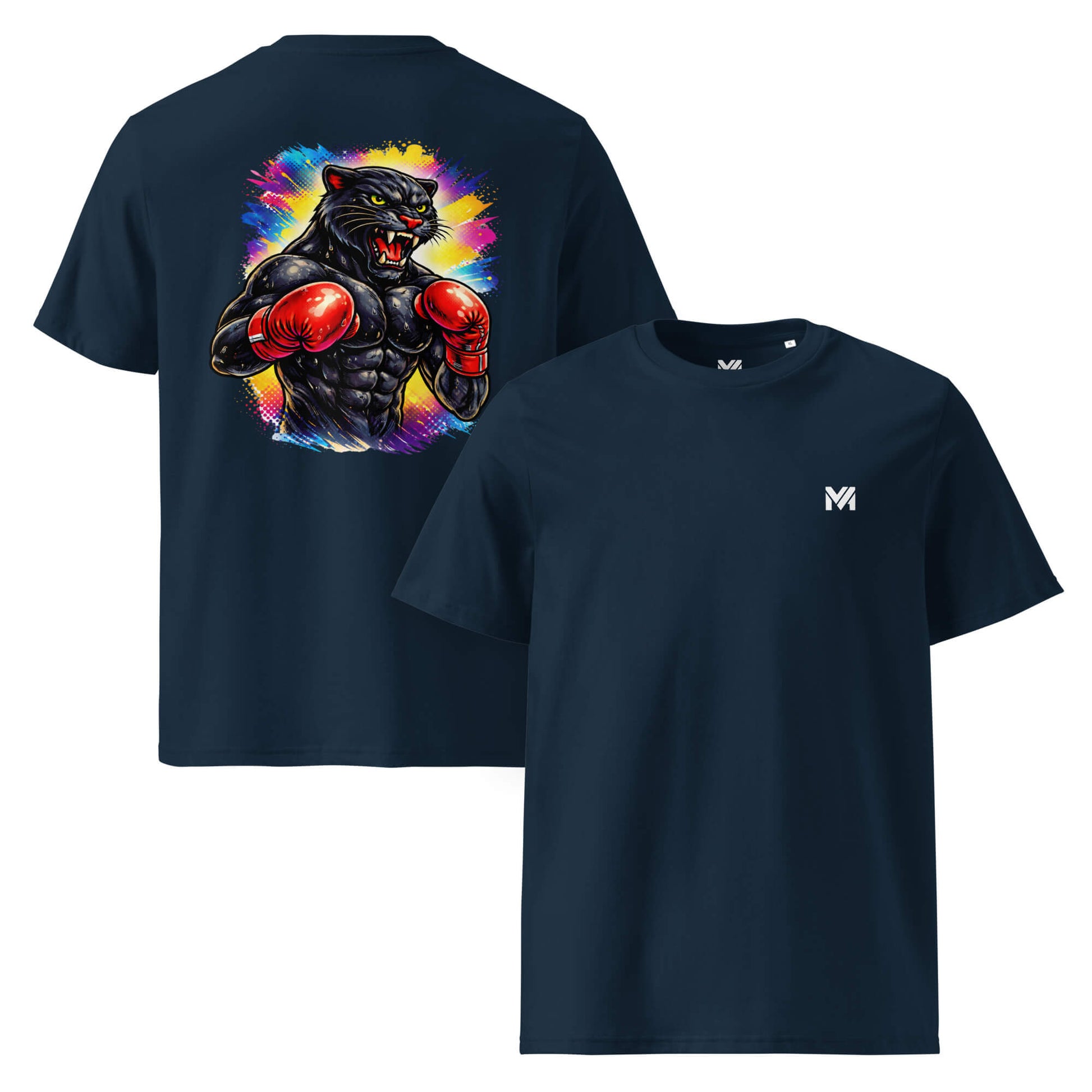 T-shirt Bio BLACK PANTHER bleu marine logo blanc face et visuel coloré dos Mindset Ambition