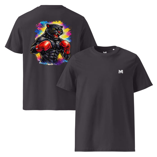 T-shirt Bio BLACK PANTHER gris anthracite logo blanc face et visuel coloré dos Mindset Ambition