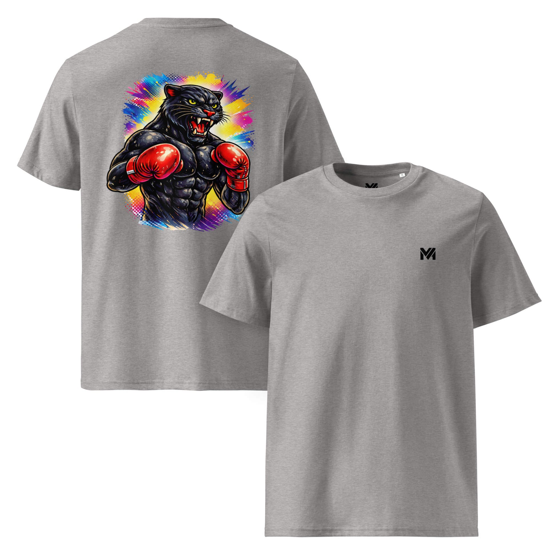 T-shirt Bio BLACK PANTHER gris chiné logo noir face et visuel coloré dos Mindset Ambition