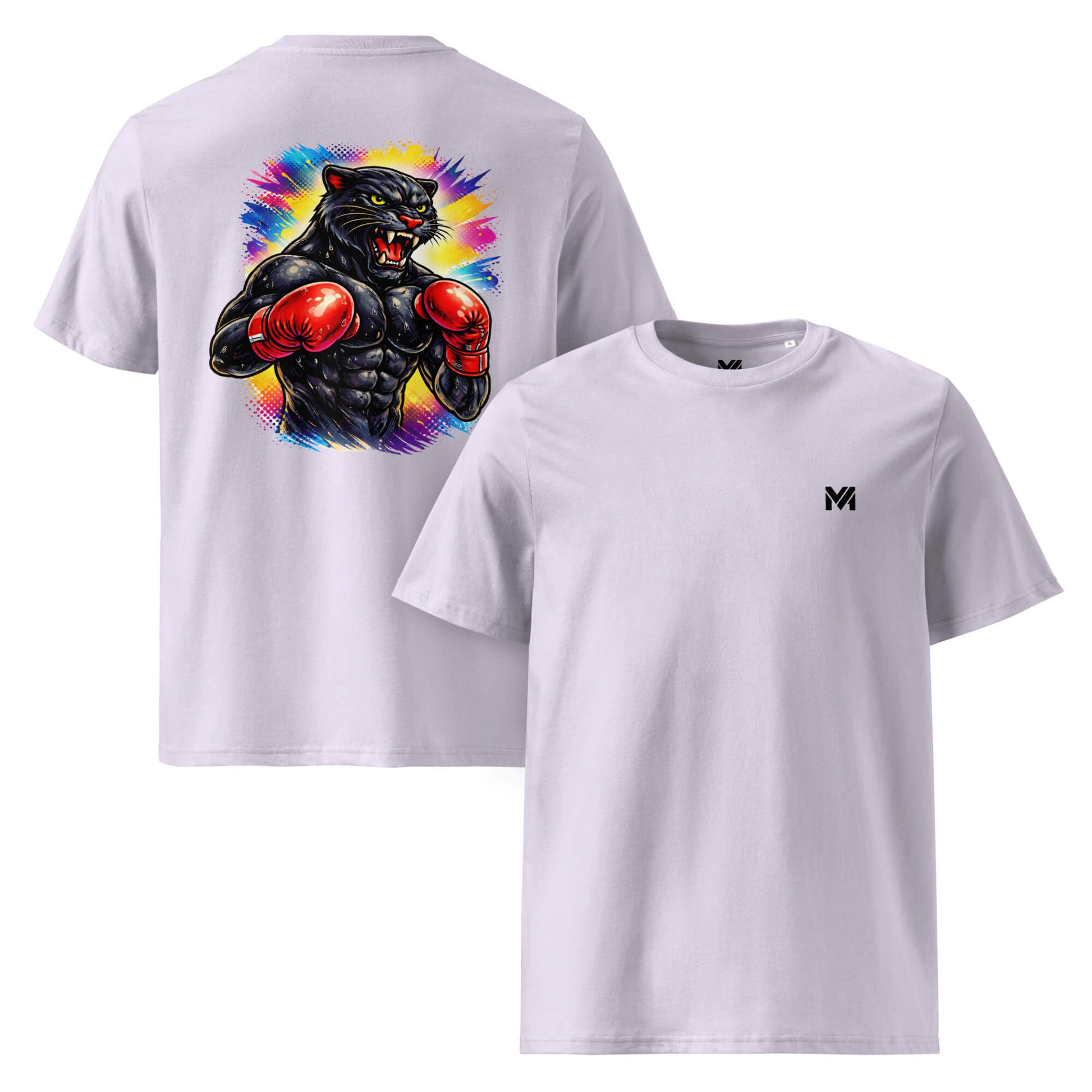 T-shirt Bio BLACK PANTHER lavande logo noir face et visuel coloré dos Mindset Ambition