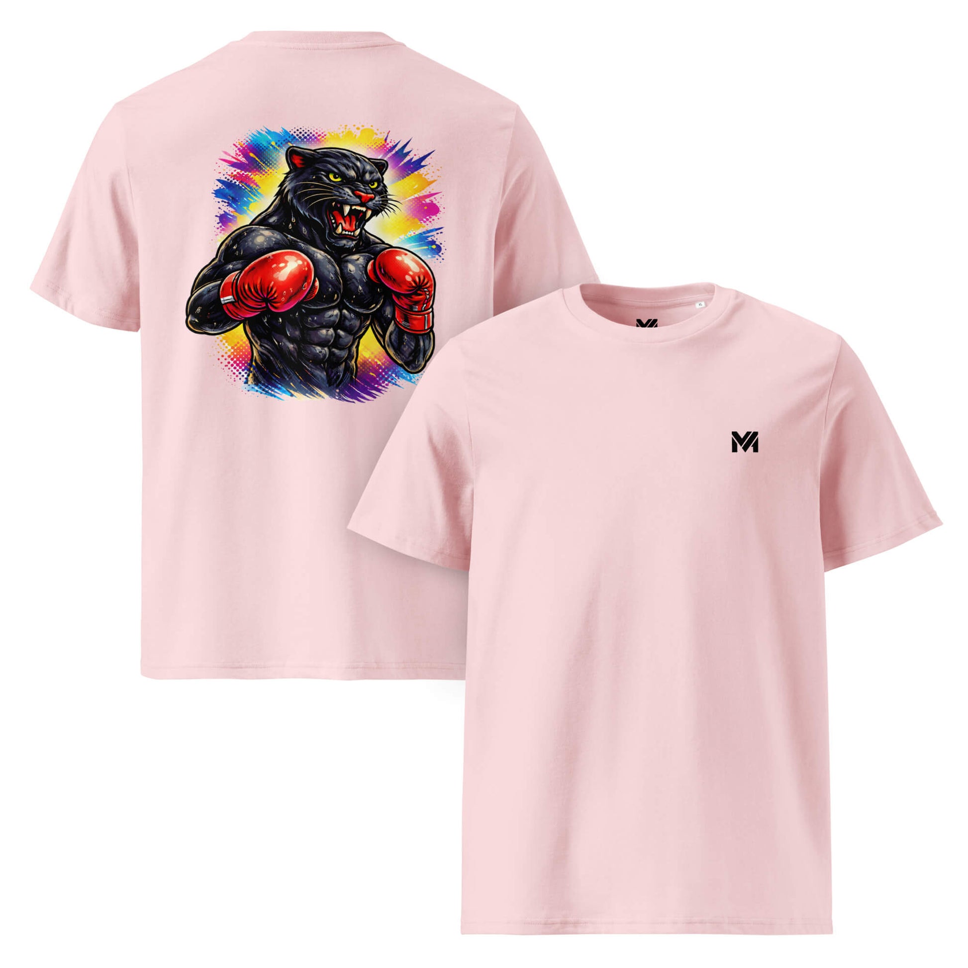 T-shirt Bio BLACK PANTHER rose logo noir face et visuel coloré dos Mindset Ambition