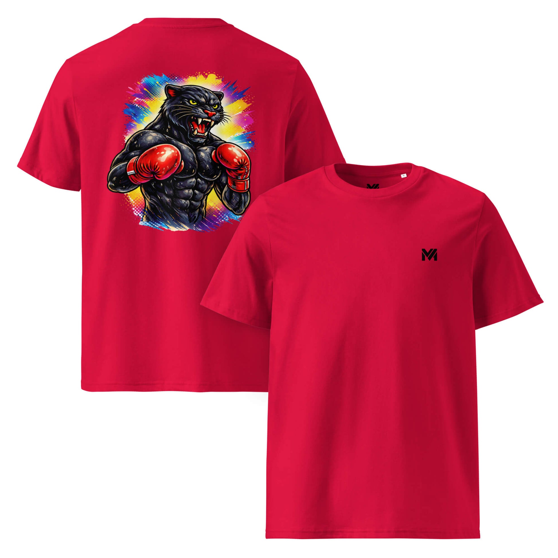 T-shirt Bio BLACK PANTHER rouge logo noir face et visuel coloré dos Mindset Ambition