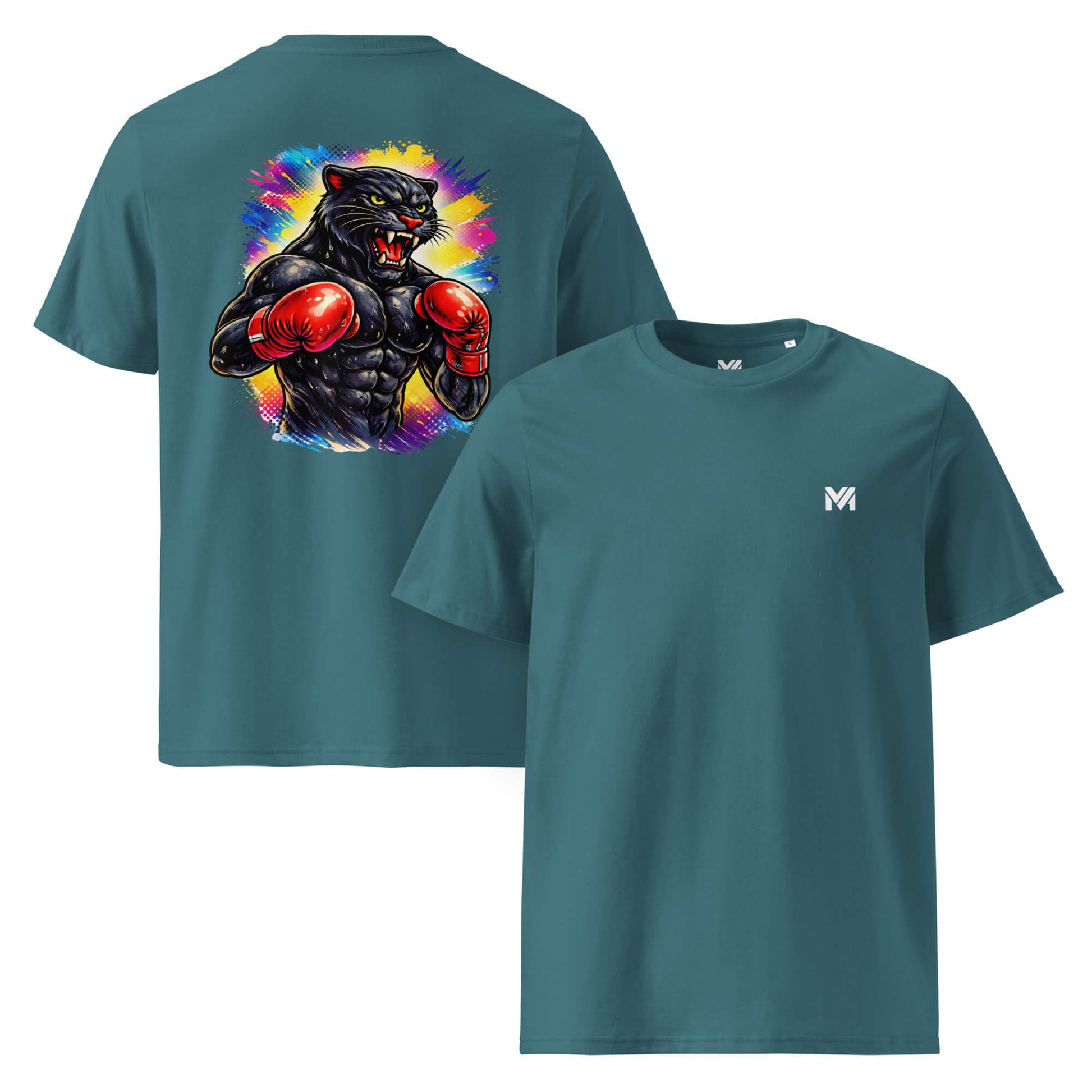 T-shirt Bio BLACK PANTHER vert logo blanc face et visuel coloré dos Mindset Ambition