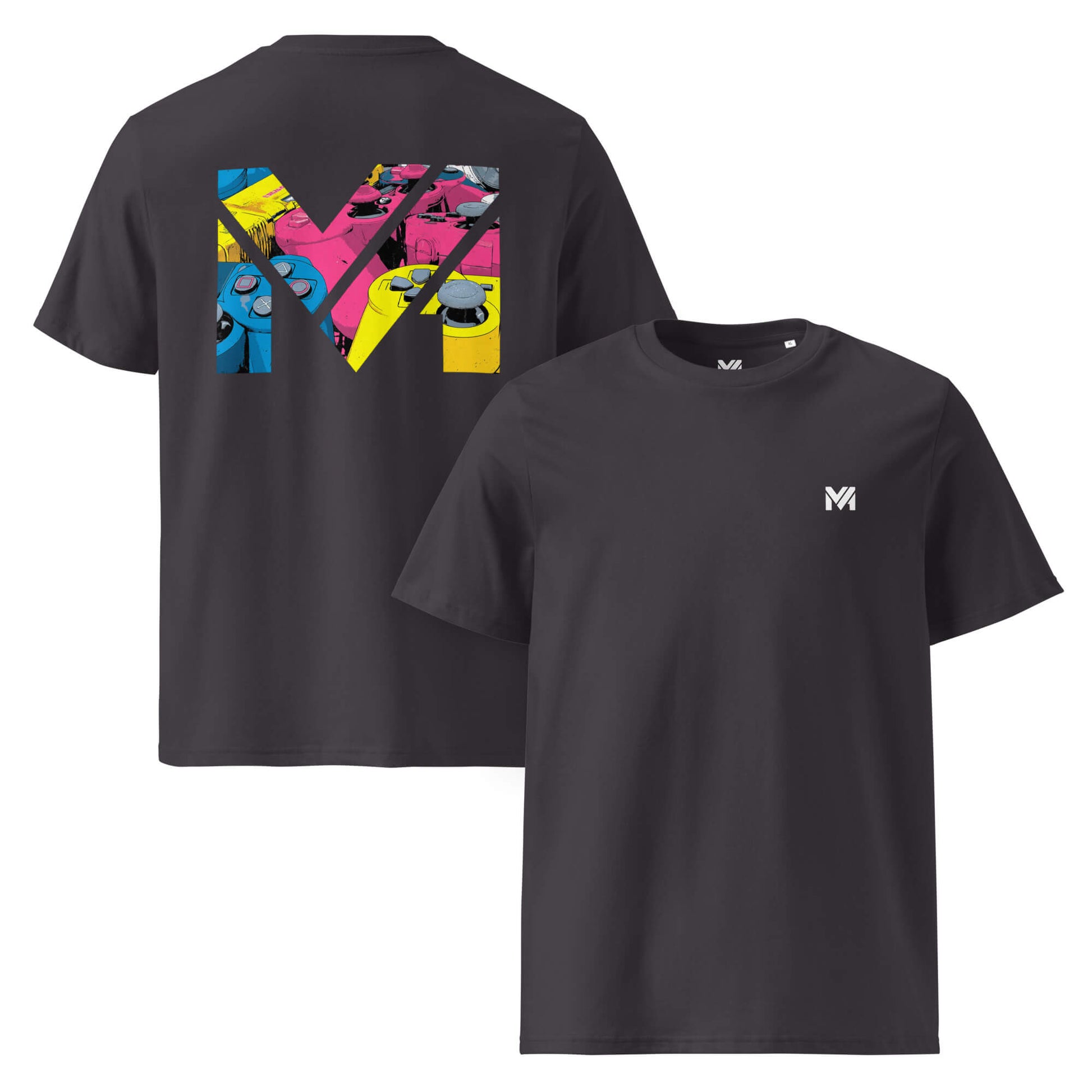T-shirt Bio CONTROL THE GAME gris anthracite logo blanc face et visuel coloré dos Mindset Ambition