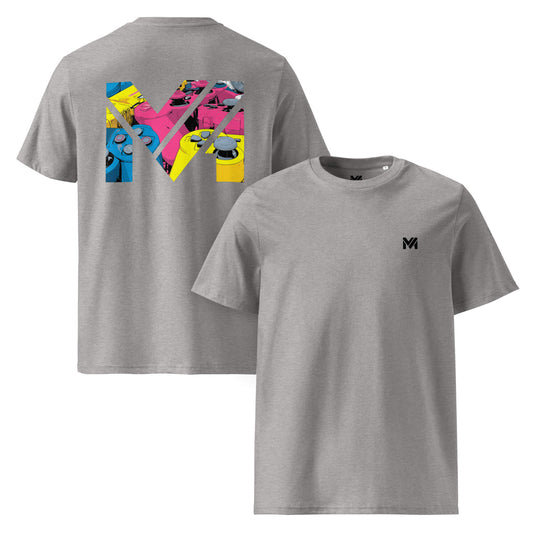 T-shirt Bio CONTROL THE GAME gris chiné logo noir face et visuel coloré dos Mindset Ambition