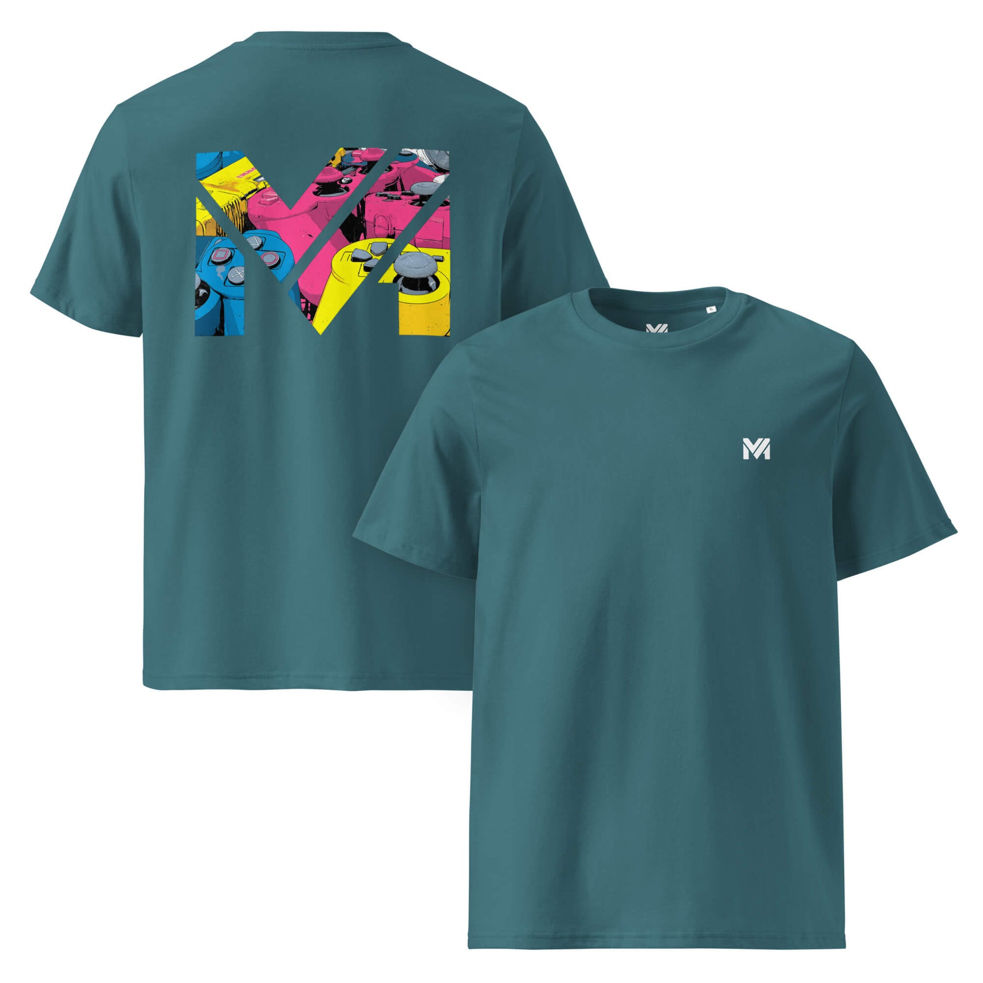 T-shirt Bio CONTROL THE GAME vert logo blanc face et visuel coloré dos Mindset Ambition