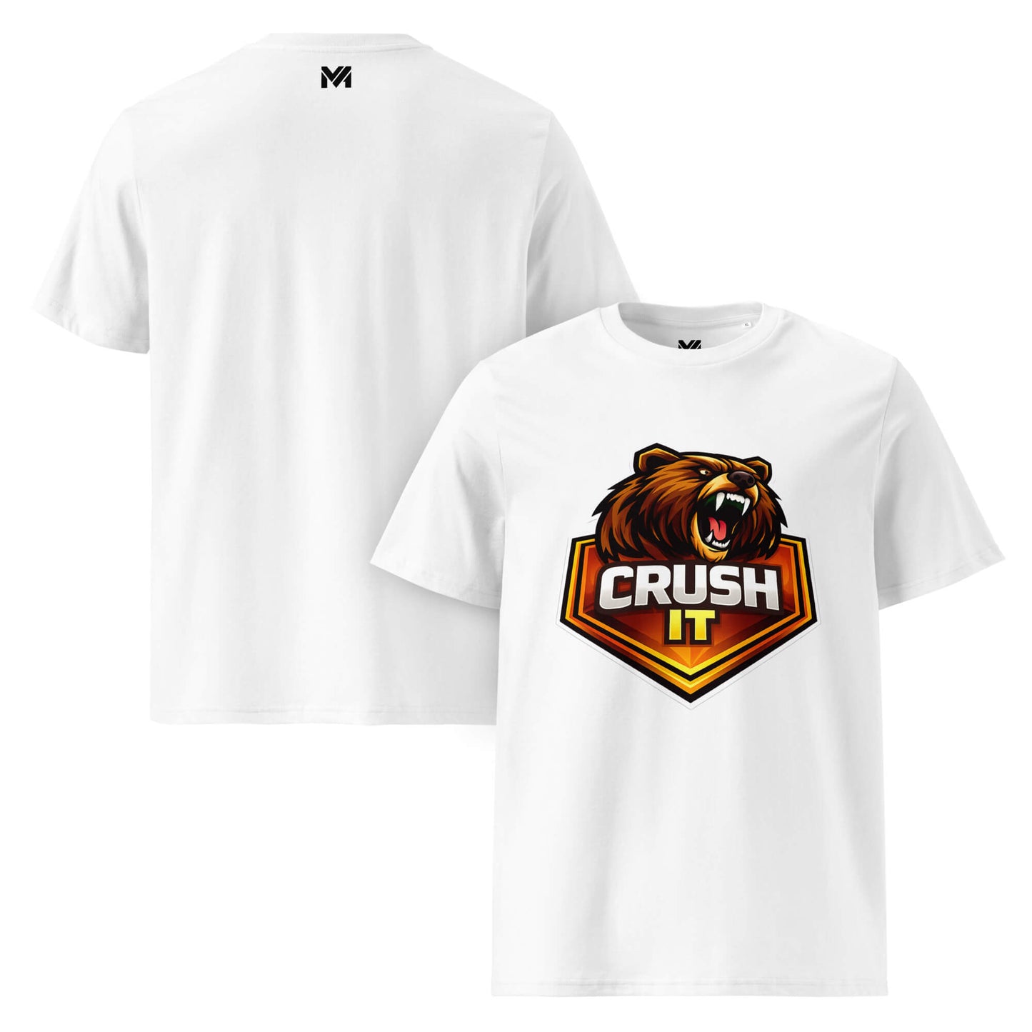 T-shirt Bio CRUSH IT blanc visuel coloré face et logo noir dos sous le col Mindset Ambition