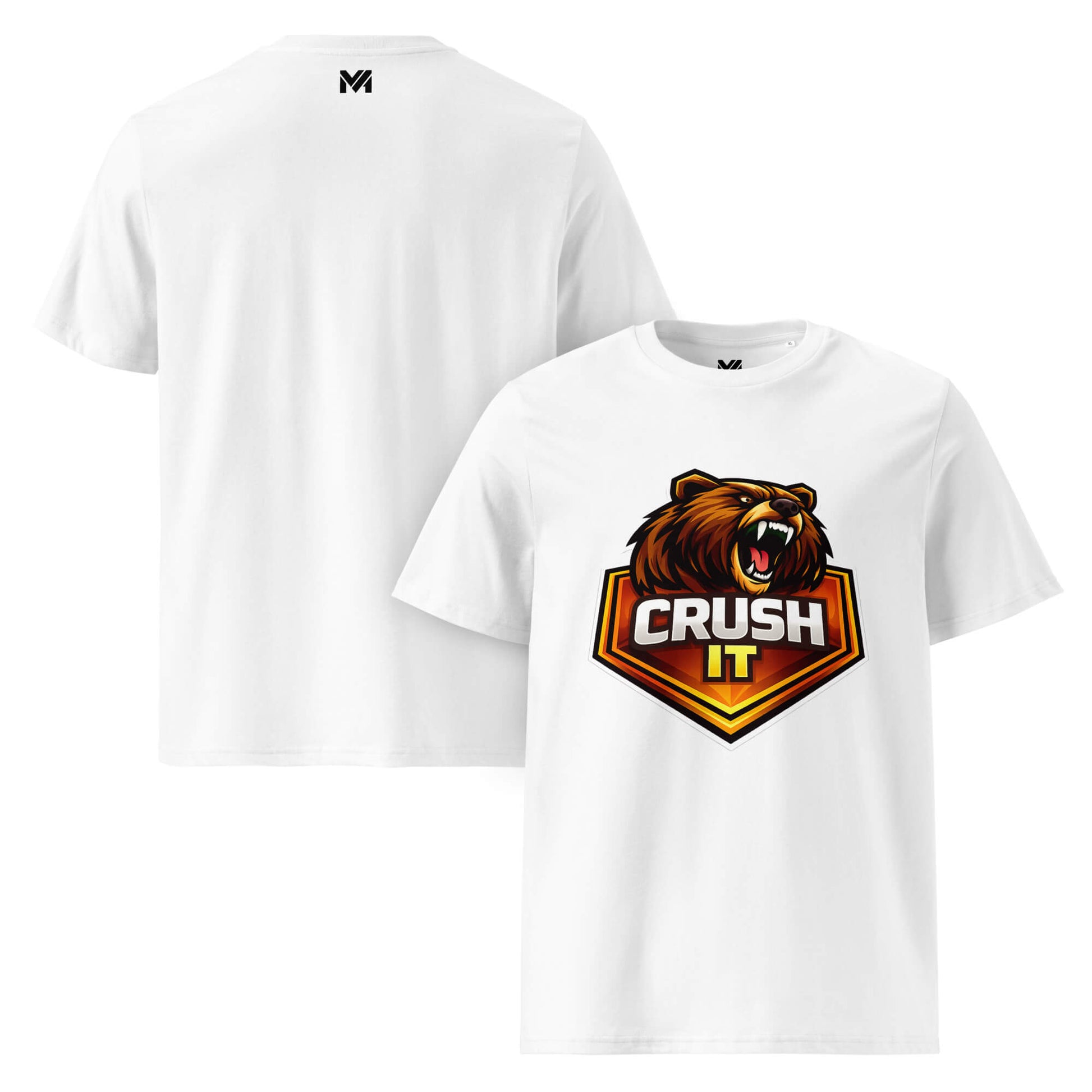 T-shirt Bio CRUSH IT blanc visuel coloré face et logo noir dos sous le col Mindset Ambition