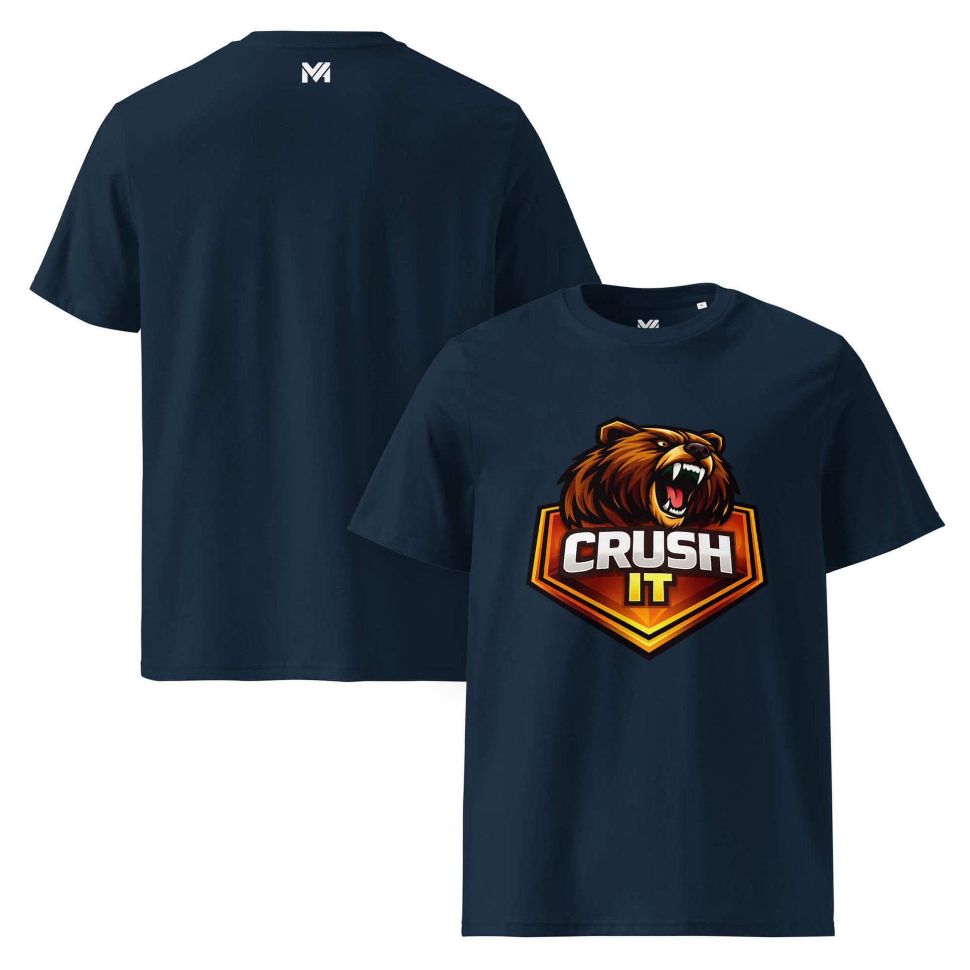 T-shirt Bio CRUSH IT bleu marine visuel coloré face et logo blanc dos sous le col Mindset Ambition