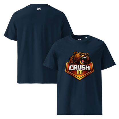 T-shirt Bio CRUSH IT bleu marine visuel coloré face et logo blanc dos sous le col Mindset Ambition