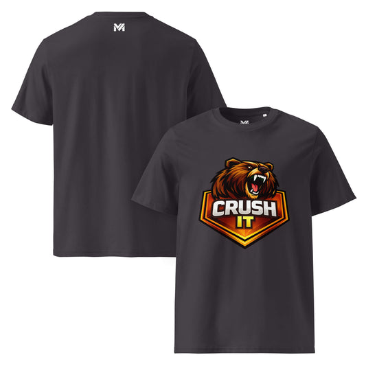 T-shirt Bio CRUSH IT gris anthracite visuel coloré face et logo blanc dos sous le col Mindset Ambition